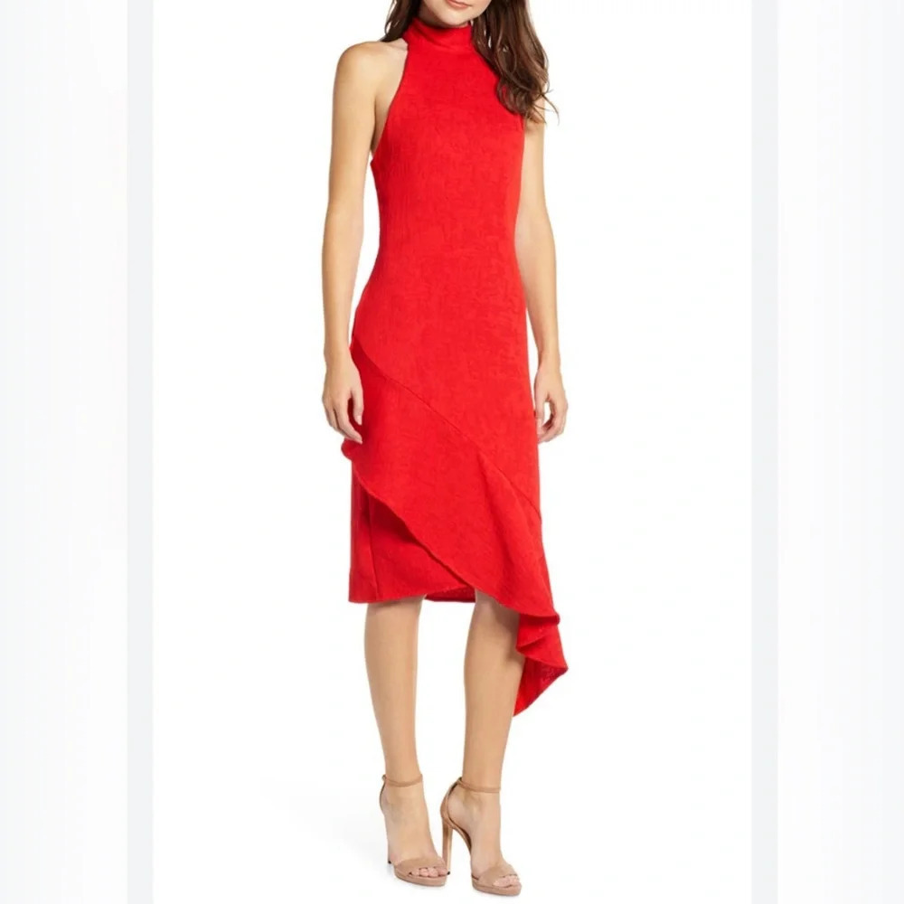 Elliatt Felice Asymmetric Halter Neck Sleeveless Dress Red Size XS  Ruffle